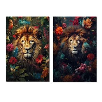 וינטג ' ונגל חיות הדפסי בד ציור אמנות מופשטת אריה נמר פרח הקיר פוסטר של התמונה בסלון עיצוב Cuadros