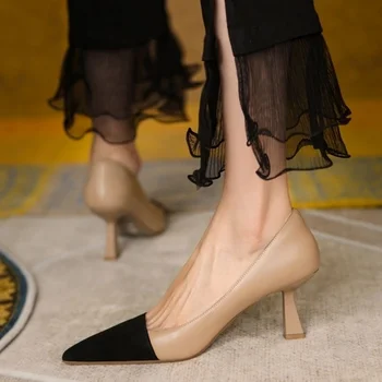 2022 נשים חדשות משאבות הבוהן מחודד נעלי סירה עם עקבים גבוהים נעלי שמלה שחורה מכף רגל טלאים משאבת משרד ליידי נעליים נעליים Mujer