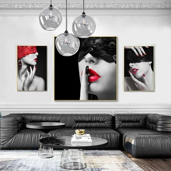שפתון אדום איפור יופי קיר בעיצוב הציור נשים בנות אמנות בד פוסטרים הדפסים תמונות קיר הסלון קישוט הבית